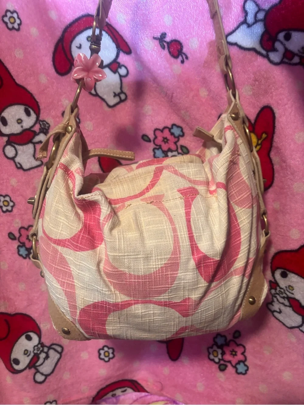 Coach Pink Signature Canvas Shoulder Bag with Tan Trim - Picture 1 of 2
